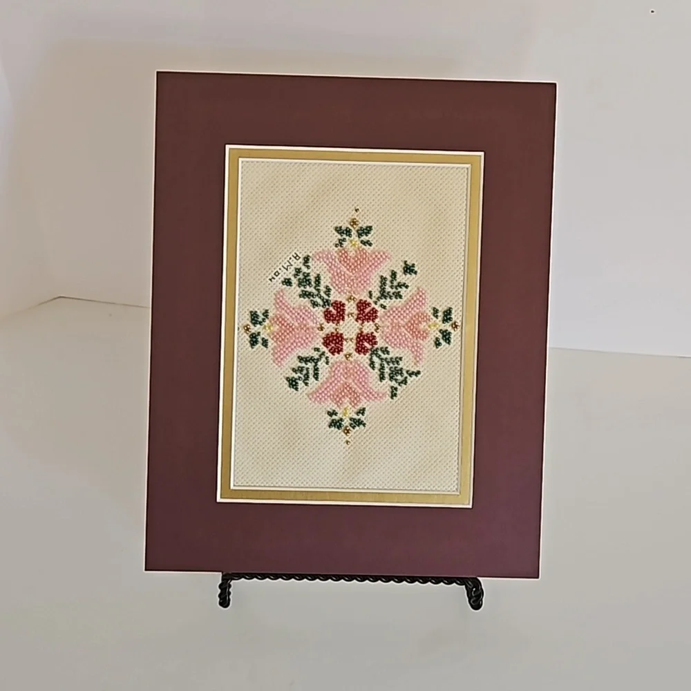 Hand Crafted Glass Beaded Art Floral Needlepoint Beadwork Pink Flower Framed